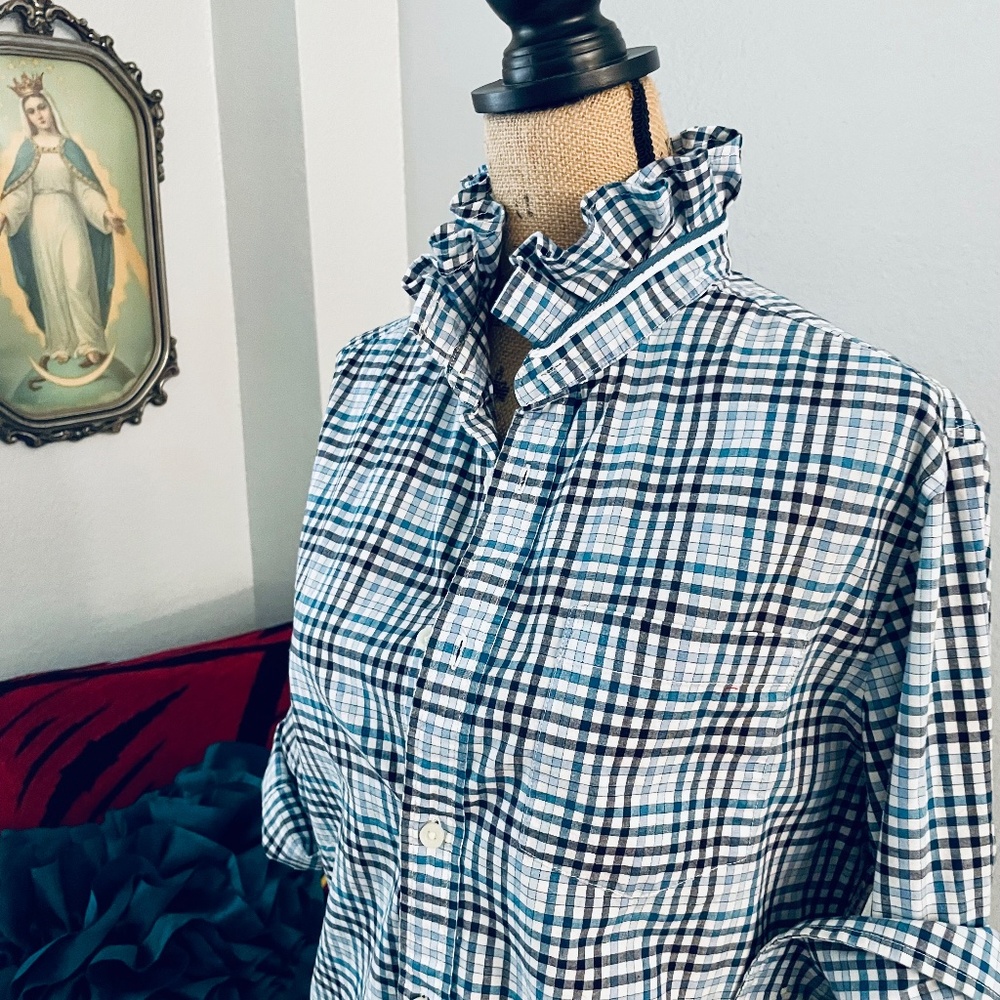 Reworked | Blue & White Plaid | Ruffle Collar | Long Sleeve Button Down
